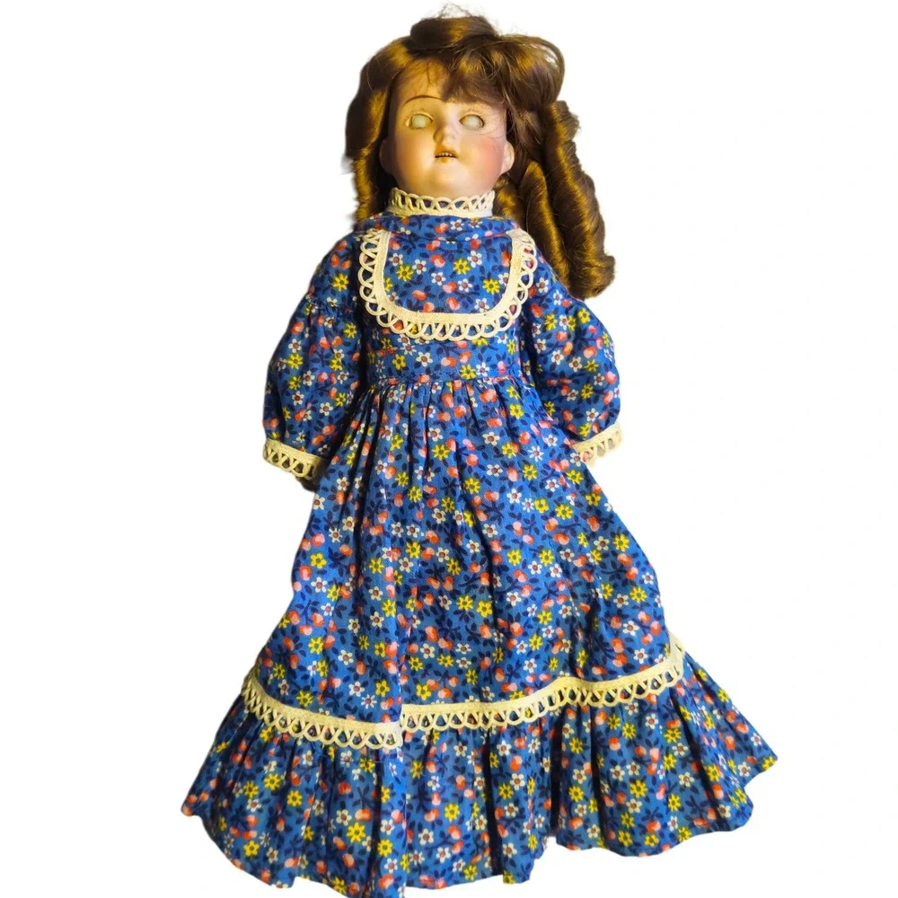 Antique Bisque Head Doll German Open Mouth Blue Floral Dress Sleep Eyes
